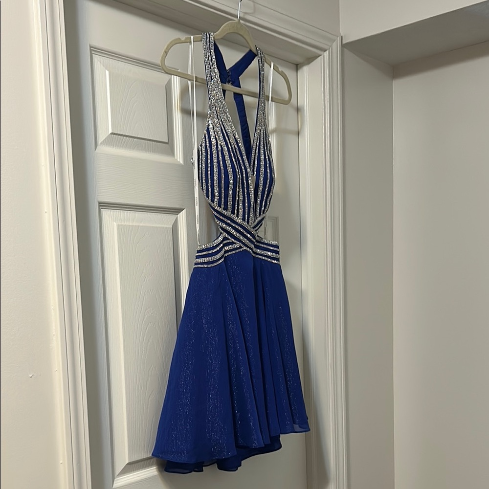 Vienna Prom Blue Halter Fit and Flare Dress